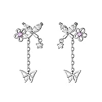 Solid 925 Sterling Silver Tiny Butterfly Chain Drop Earrings for Women Teen Girls CZ Cute Flower Dangle Earrings
