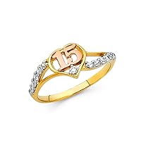 14k Yellow White Rose Gold Sweet 15 Quinceanera Ring Quince Band Heart CZ Curve Style Size 7