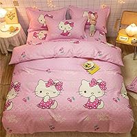 100% Cotton Kids Bedding Set Girls Hello Kitty Pink Duvet Cover and Pillow Cases and Fitted Sheet,4 Pieces,Queen