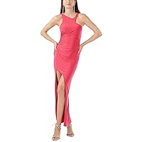 BCBGMAXAZRIA Women's Floor Length Evening Gown Asymmetrical Neck Ruched Bodice Front Slit Dress