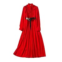 Ruffled Collar Long Maxi Party Dresses for Women Spring Full Sleeve Solid Blue Dresses