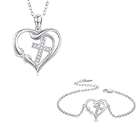 Cross Love Heart Infinity Charm Necklace and Bracelets Sterling Silver Dainty Cross Set Jewelry Jewelry