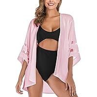 Women Swimsuit Beach Cover Up Chiffon Kimono Cardigans Plus Size Bikini Beachwear Mesh 3/4 Sleeve Swimwear Top