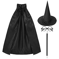 iiniim Magician Costume Outfit Cape Cloak with Black Top Hat Magic Stick & Glasses Halloween Party Cosplay Fancy Dress Black One Size