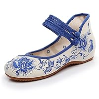 Double Strap Women Canvas Embroidered Ballet Flats Vintage Chinese Style Ladies Casual Mid Top Comfort Shoes