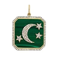 Designer Crescent Moon Star Diamond Malachite 925 Sterling Silver Charm Pendant