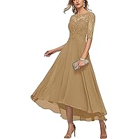 Women's Lace Applique Chiffon Mother of The Bride Dress for Wedding Half Sleeves Formal Evening Gowns Gold US26W
