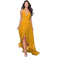 Dexinyuan V-Neck Chiffon Bridesmaid Dresses for Women 2022 Halter Ruffle Formal Dresses Backless Evening Dresses Yellow 4