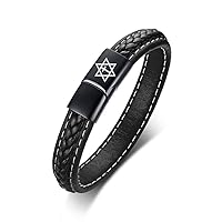 Messianic Cross Star of David Bracelet - Inspirational Christianity Judaism Symbol Lines Leather Cuff Bangle - Israel Holy Land Jew Christian Faith Jewelry for Men Women