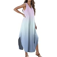 Casual Dress for Women Summer Casual Loose Sundress Long Dress Sleeveless V Neck Split Tshirt Maxi Dresses
