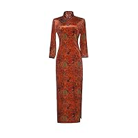 Women's Velvet Long Cheongsam Dress 3/4 Sleeve Mandarin Collar Maxi Traditional Chinese Qipao