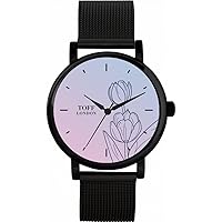 Blue Tulip Flower Watch Ladies 38mm Case 3atm Water Resistant Custom Designed Quartz Movement Luxury Fashionable