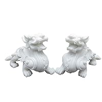 A Pair of Chinese Feng Shui Pixiu/Piyao Statues,White Marble Stone Decor Prosperity Figurine, Attract Wealth and Good Luck, for Home and Office