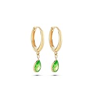 Emerald Earrings, 14K Real Gold Emerald Earrings, Hoop Earrings, Minimalist Gold Emerald Earrings, Birthday Gift