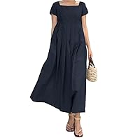 Cotton Linen Dress for Womens Square Neck Short Sleeve Maxi Dress Plus Size Pleated Tiered Flowy Summer Beach Dress
