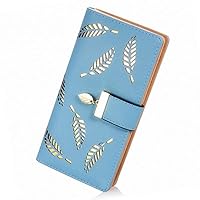 Women lady Long Leaf Bifold Wallet Leather Card Holder Purse Zipper Buckle Elegant Clutch Wallet Handbag (Blue)