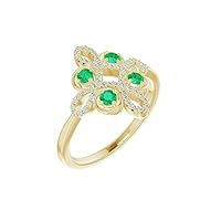 Solid 14k Yellow Gold Created Emerald and 1/6 Cttw Diamond Clover Ring Band (.16 Cttw) (Width = 14.5mm) - Size 9