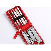 (THREE SEVEN) Travel Manicure Pedicure Grooming Kits Set Feet Hand & Nail Tools TS-970C (Total 9pcs) (Red)