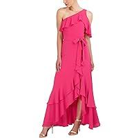 BCBGMAXAZRIA Women's Fit and Flare Off The Shoulder One Strap High Low Asymmetrical Hem Evening Gown