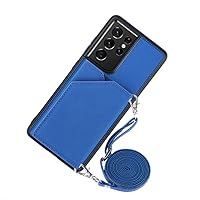 Strap Case for Samsung Galaxy A53 A33 A73 A13 A12 S21 Plus S20 FE Note 20 S22 Ultra Wallet Card Leather Crossbody Necklace Cover,Blue,A53 5G