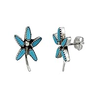 Sterling Silver Handcrafted Blue Turquoise Flower Stud Earrings (Genuine Zuni Tribe American Indian Jewelry) 3/4 in. (19mm)