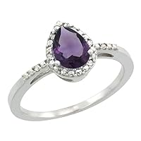 Silver City Jewelry 14K White Gold Diamond Natural Amethyst Ring Pear 7x5mm, Size 10