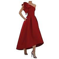 Women's Cap Sleeves One Shoulder Hi-Lo Prom Dress with Pleats Satin Cocktail Party Dress with Lace Up