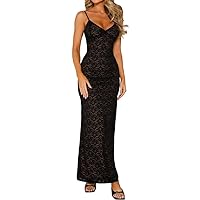 Women Sexy Spaghetti Strap Sheer Mesh Lace Long Dress Summer Hollow Square Neck Backless Tight Solid Tank Dress
