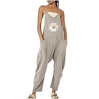 Women's Baggy Jumpsuits Daisy Print Overalls Long Pants Suspender Rompers Casual Loose Fit Jumpsuit with Pockets