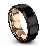 Tungsten Wedding Band Ring 8mm for Men Women Bevel Edge Black 18K Rose Gold Brushed Polished