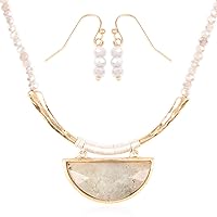RIAH FASHION Bohemian Pendant Beaded Long Statement Necklace - Sparkly Crystal Bead Boho Braided Disc Wired Round Circle, Teardrop, Natural Stone, Tassel Charm