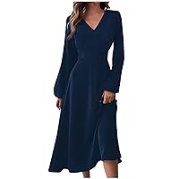 Dresses for Women Fall Winter Casual Fashion V-Neck Long Sleeve Solid Color Long Dress