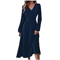 Formal Long Sleeve Midi Dress Sexy V Neck Fall Winter Elegant Vintage Floral Cute Trendy Smocked Flowy Party Dress