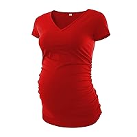 V Neck Maternity Shirts for Women - Gift for Pregnant Womens Comfortable Side Ruched Pregnancy Short Sleeve Tees