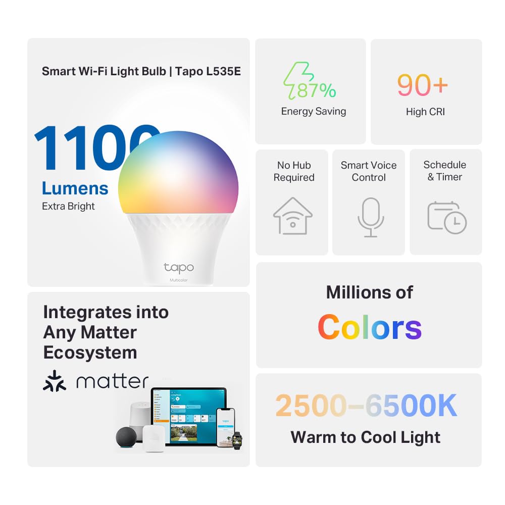 Tapo Smart Light Bulbs, 1100 Lumens High Brightness (75W Equivalent), Matter-Certified, 16M Colors RGBW LED Bulb, Dimmable, CRI>90, Voice Control w/Siri, Alexa & Google Assistant, A19 E26, Tapo L535E