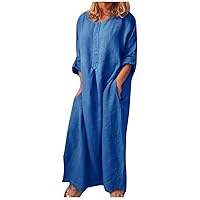 Linen Dresses for Women 2024 Solid Plus Size Loose Maxi Dress Summer Casual 3/4 Sleeve Baggy Shirt Dress with Pockets