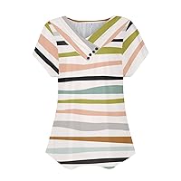Short Sleeve Tee Women's Trendy V-Neck Tshirt 2024 Tops Retro Print Comfy Loose Shirt Pleated Daily Blouse
