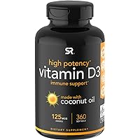 Sports Research 5,000 iu Vitamin D3 Supplement with Organic Coconut Oil - Vitamin D for Strong Bones & Immune Health - Supports Calcium Absorption - Non-GMO - 125mcg, 360 Mini Softgels for Adults