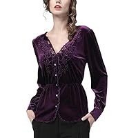 Women Purple Velour Shirt Autumn Winter Chic Tops Hollow Out Embroidered V-Neck Long Sleeve Slim Blouse