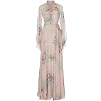Floral Print Dress Women's Lantern Sleeve Frenulum High Waist Dress Casual A-LINE Long Dress