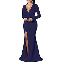 Formal Maxi Dress for Women Sexy Deep V Neck Wrap Side Split Bodycon Cocktail Party Long Floor Length Dress
