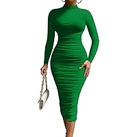 LAGSHIAN Women's Cocktail Bodycon Long Sleeve Mock Neck Mesh Ruched Midi Party Dress