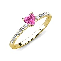 Heart Shape Created Pink Sapphire and Round Diamond 1 1/3 ctw Tiger Claw Set Four Prong Women Engagement Ring 10K Gold