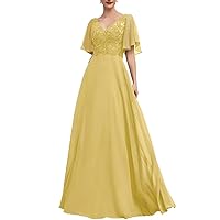 V-Neck Mother of The Bride Dresses for Wedding Chiffon Lace Appliques Short Sleeves Formal Evening Party Dress Gold 16