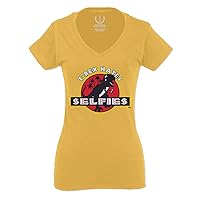 Hilarious Funny Cool Graphic T Rex Dinosaur Hates Selfies no Like for Women V Neck Fitted T Shirt