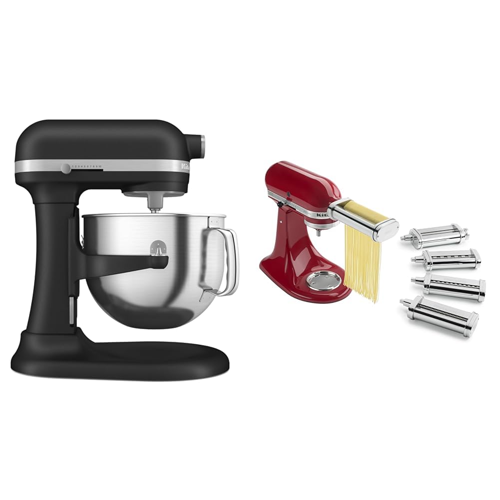 KitchenAid® 7 Quart Bowl-Lift Stand Mixer, Cast Iron Black & KSMPDX Pasta Deluxe Set Stand Mixer Attachment, 5 Piece, Stainless Steel