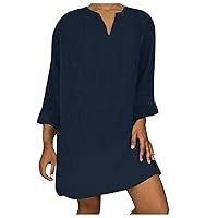 Women Basic Long Sleeve V-Neck Tunic Shirt Dress Plus Size Cotton Linen Casual Loose Solid Color Swing Mini Dresses