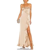 Womens Strapless Ruffles Prom Dresses with Slit Sleevelss Satin Bridesmaid Dresses A Line Formal Evening Party Gowns