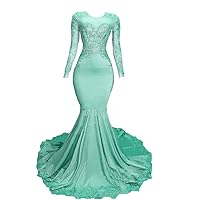Women's Satin Long Sleeves Mermaid Long Prom Dress Lace Applique Formal Party Evening Gowns