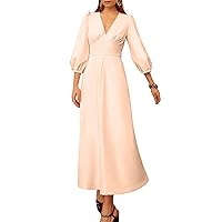 A-Line Mother of The Bride Dress Wedding Guest Elegant Evening Dress V Neck Tea Length with Solid Color 2024